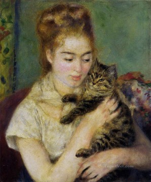 Mascotas y niños Painting - Mujer con un gato Renoir mascota niños